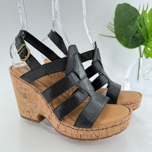 Born Bernese Womens Sandal Size 10 Black Leather Wedge Heel Open Toe Retro Caged - Picture 1 of 16